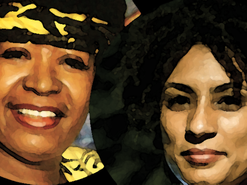Imagem com efeito artístico mostra os rostos das ativistas Lélia Gonzalez e Marielle Franco lado a lado. À esquerda, Lélia Gonzalez sorri, usando um turbante amarelo e preto que combina com a roupa. À direita, Marielle Franco aparece com expressão serena, cabelos crespos soltos e olhar direto. A imagem tem estilo de ilustração digital ou pintura, com contornos marcados e cores suavizadas, conferindo um retrato estilizado e expressivo de duas importantes figuras da luta por justiça social e direitos humanos.