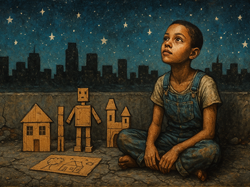 Ilustração de um menino negro sentado no chão, com olhar sonhador voltado para o céu estrelado. Ele veste camiseta branca e jardineira jeans. Ao seu lado, há brinquedos feitos de madeira e papel, representando casas, robôs e pessoas, com uma cidade ao fundo em silhueta. A imagem transmite um clima poético de imaginação e esperança em meio à simplicidade.
