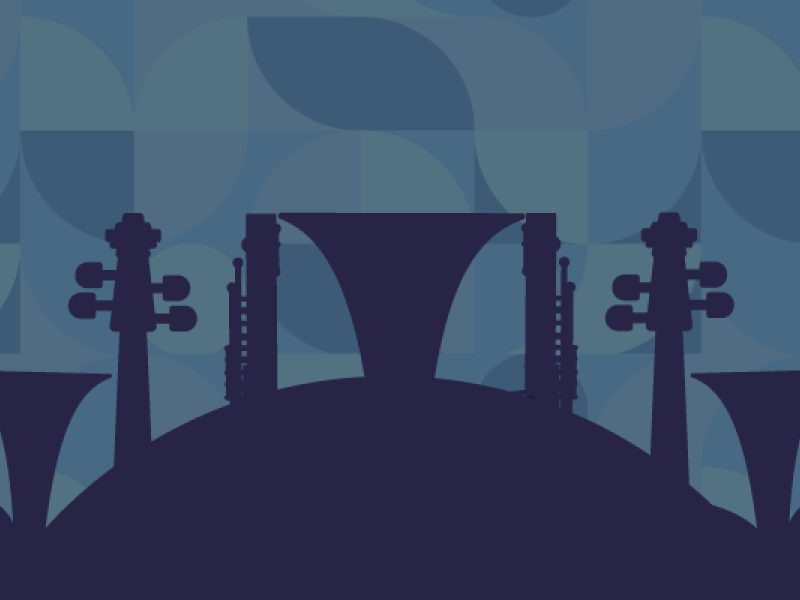 A imagem apresenta a arte da Série OSPBR – Orquestra Sinfônica e Popular Raul de Barros. Em tons de azul, surgem silhuetas de instrumentos de cordas e sopros, como violinos, clarinetes e trompas, sobre um fundo geométrico composto por formas arredondadas. A composição destaca a diversidade e a harmonia que simbolizam a proposta musical da série.