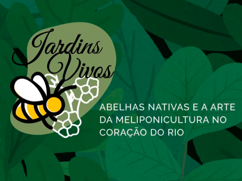 Imagem com a identidade visual do projeto “Jardins Vivos”. Em destaque, uma abelha estilizada pousa sobre pequenas flores brancas, em contraste com um fundo verde de folhagens. Ao lado, está escrito: “Abelhas nativas e a arte da meliponicultura no coração do Rio”, ressaltando a importância das abelhas sem ferrão e sua relação com a vida urbana.