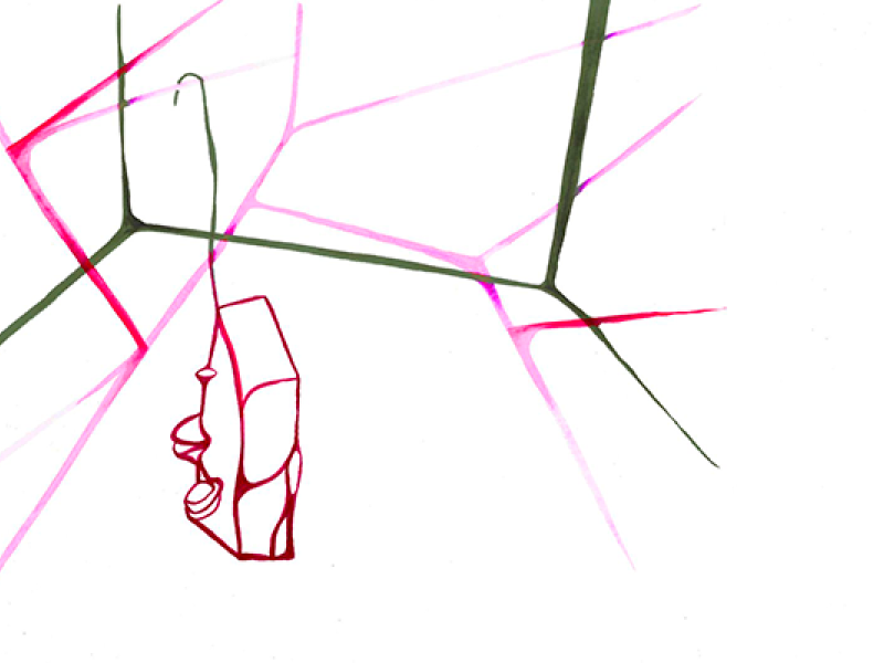 A imagem divulga a exposição “Tudo Tem que acabar em um livro / Todo debe terminar en un libro”. O fundo traz linhas geométricas finas em tons de rosa, verde e preto, lembrando uma ilustração abstrata.