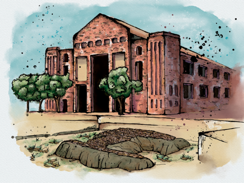 Ilustração colorida de um prédio de tijolos com janelas e árvores na fachada, representando o Cais do Valongo. O chão exibe pedras que remetem ao sítio histórico.