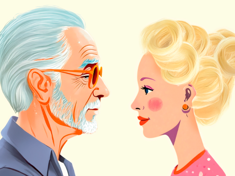 Ilustração colorida mostra um homem e uma mulher de pele clara, vistos de perfil e frente a frente. O homem tem cabelos e barba grisalhos, usa óculos de lentes alaranjadas e camisa azul. A mulher, loira, tem o cabelo preso em coque alto, veste roupa rosa com bolinhas e brincos redondos. A cena, de estética leve e romântica, evoca o charme dos filmes europeus clássicos.