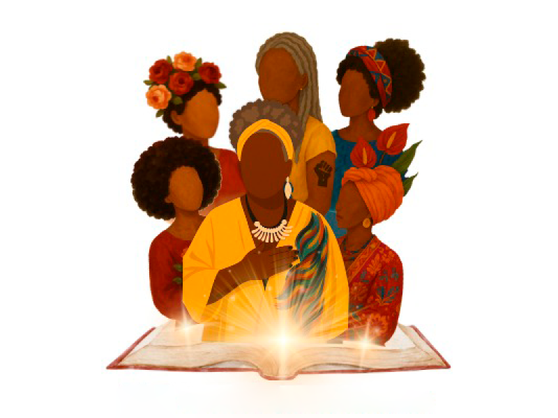 A imagem mostra uma ilustração com seis mulheres negras de diferentes idades e estilos, reunidas atrás de um livro aberto que emana luz dourada. Elas vestem roupas coloridas e estampadas, com turbantes, colares e flores nos cabelos. No centro, uma mulher de amarelo coloca a mão sobre o peito, transmitindo força, sabedoria e ancestralidade. A cena simboliza o poder feminino negro e o conhecimento como fonte de luz e herança cultural.