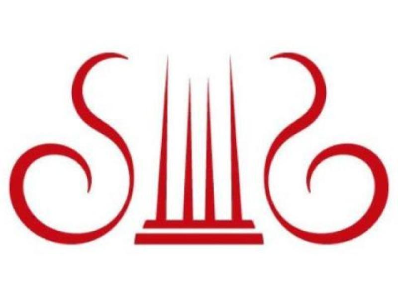 Imagem em fundo branco. Parte superior - o desenho estilizado de uma lira (instrumento musical) na cor vermelha, com a parte superior dos braços da lira e entre eles, as cordas.