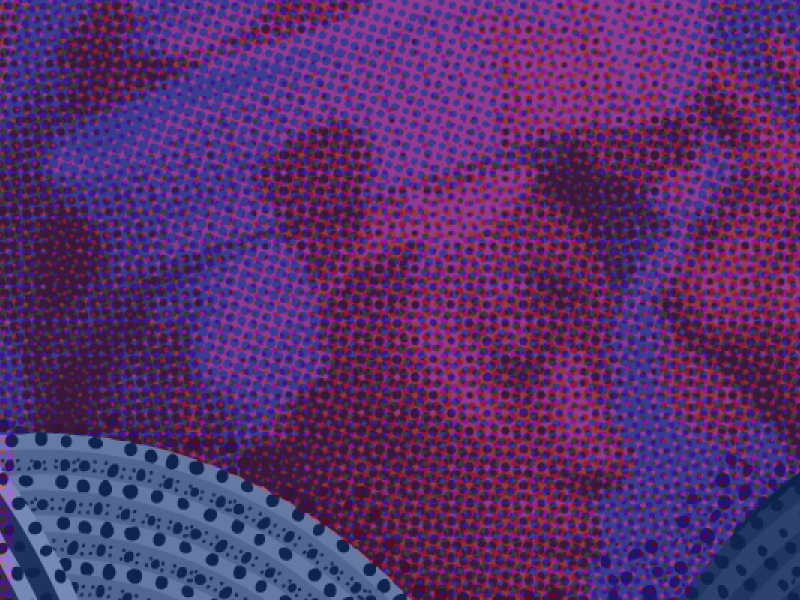 A imagem apresenta uma composição artística em tons intensos de roxo, azul e vermelho, com textura pontilhada inspirada na estética das histórias em quadrinhos. No centro, emerge o perfil do rosto de uma mulher negra usando turbante, com expressão serena e olhos semicerrados, sugerindo introspecção e ancestralidade. As formas circulares e as sobreposições de cor evocam movimento e vitalidade, em sintonia com o espírito da Mostra Cultural Consciência Negra.