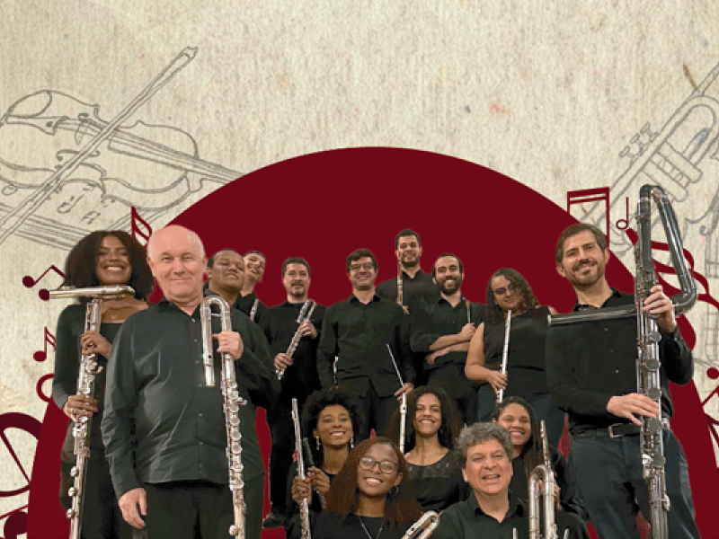 A imagem mostra os integrantes da Orquestra Carioca de Flauta posando sorridentes com seus instrumentos, como flautas e flautas-baixas. Eles vestem roupas pretas e estão organizados em duas fileiras diante de um fundo ilustrado com desenhos de instrumentos de orquestra e um grande círculo vermelho central. A composição transmite harmonia, talento coletivo e celebração da música.