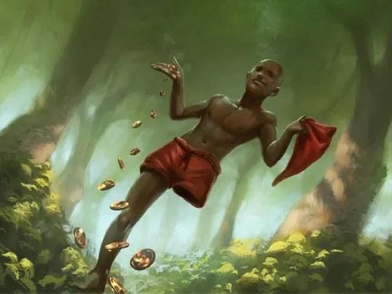 Ilustração do Saci, personagem do folclore brasileiro, caminhando por uma floresta iluminada por feixes de luz entre as árvores. Ele é representado como um menino negro, usando apenas um calção vermelho e segurando um pano da mesma cor, enquanto moedas douradas parecem cair de seus dedos. A cena transmite um clima de encanto e mistério característico das lendas populares.
