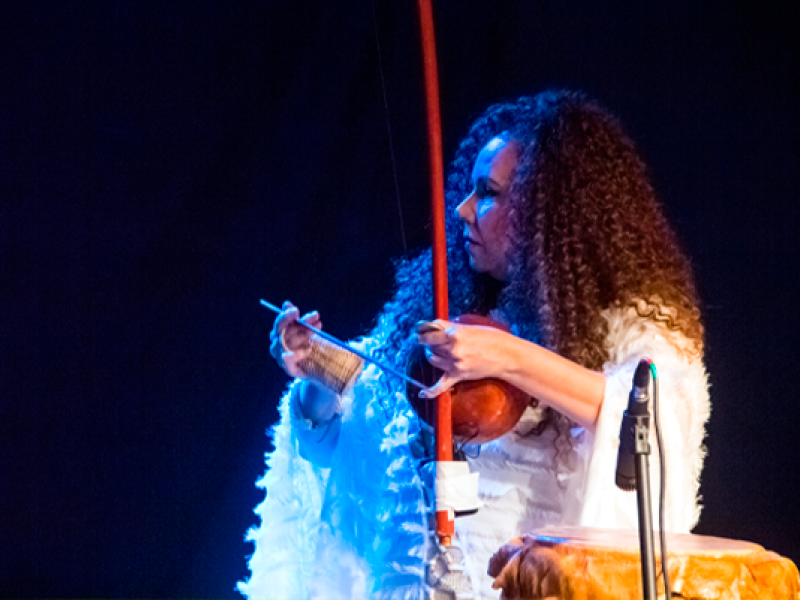 Mulher adulta, identificada como a cantora, compositora, berimbalista e ativista cultural Zilá Lima, aparece em apresentação sobre um fundo escuro. Ela tem cabelos cacheados volumosos e veste roupa clara com textura leve. Zilá toca um berimbau com concentração, iluminada por luz azulada que destaca seus movimentos e a atmosfera cênica da performance.