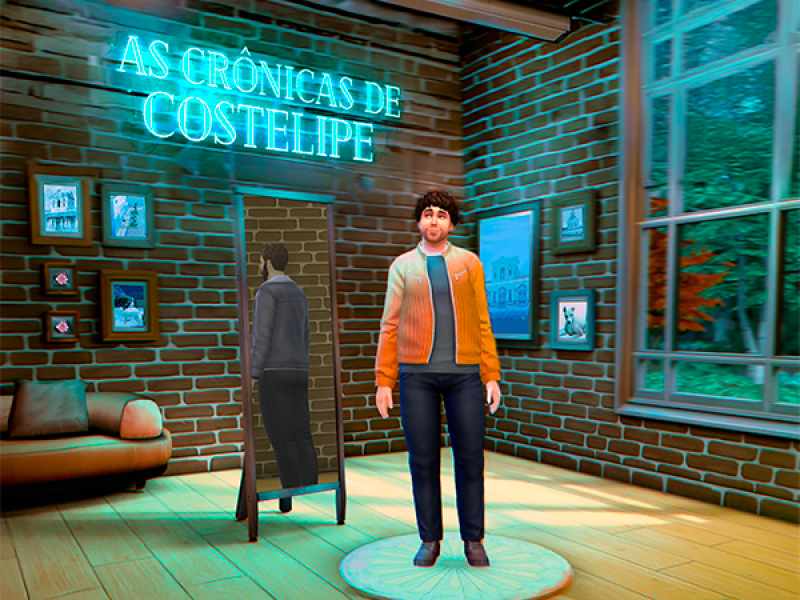 Ilustração em estilo 3D de um ambiente interno com paredes de tijolos aparentes. No centro, um personagem masculino está em pé sobre um círculo iluminado no chão, vestindo jaqueta laranja, camiseta clara e calça escura. Ao lado dele há um espelho de corpo inteiro que reflete sua imagem. Na parede ao fundo, um letreiro em neon azul diz “As Crônicas de Costelipe”. O espaço inclui sofá, quadros decorativos e uma grande janela com vista para árvores.