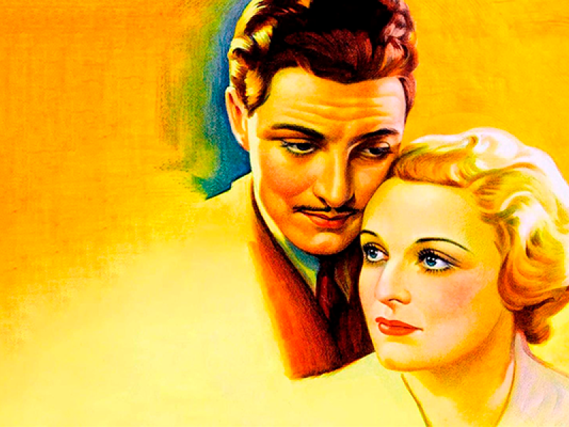 Ilustração promocional do filme Os 39 Degraus, dirigido por Alfred Hitchcock. Em primeiro plano aparecem os protagonistas interpretados por Robert Donat e Madeleine Carroll. O homem, de cabelo escuro e bigode fino, inclina levemente a cabeça em direção à mulher. Ela, de cabelos claros, olha para frente com expressão séria. O fundo apresenta um degradê em tons quentes de amarelo e laranja, criando uma atmosfera dramática típica dos cartazes clássicos de cinema.