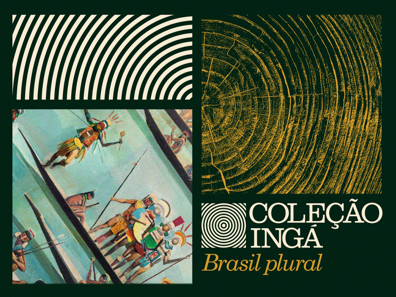 Arte de divulgação da exposição Coleção Ingá – Brasil Plural. Sobre fundo verde-escuro, a composição reúne grafismos inspirados em anéis de crescimento de árvores e padrões circulares, ao lado de um recorte de pintura com figuras indígenas em canoas. No canto inferior direito, o título "Coleção Ingá" aparece em branco, acompanhado do subtítulo "Brasil plural" em amarelo.