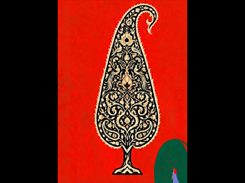 Arte de divulgação da “Mostra Anti-Cinema”. Sobre fundo vermelho intenso, destaca-se ao centro uma figura ornamental em preto e bege, formada por arabescos e motivos decorativos. No canto inferior direito, uma pequena personagem de cabelos vermelhos observa uma grande forma verde com linhas concêntricas que lembram uma impressão digital. A composição combina elementos decorativos, figurativos e abstratos em uma imagem de forte impacto visual.