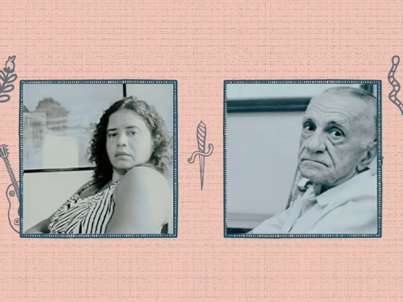 Arte de divulgação com retratos em preto e branco da professora Nilane Soares e do escritor João Cabral de Melo Neto, apresentados lado a lado em enquadramentos semelhantes, sobre fundo rosado com elementos gráficos que remetem à literatura nordestina.