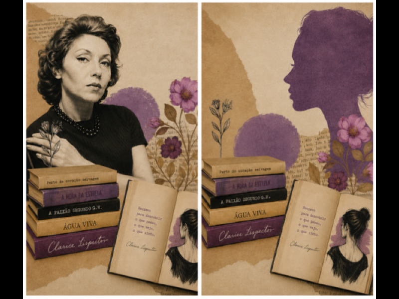 Colagem inspirada em Clarice Lispector, dividida em duas partes. À esquerda, retrato da escritora em preto e branco ao lado de flores, uma pilha de livros de sua autoria e um livro aberto com a frase: "Escrevo para desconcertar, para perguntar, para acender." À direita, o retrato dá lugar à silhueta de perfil de uma mulher em tom roxo, mantendo os livros e as flores sobre um fundo em tons de bege e lilás.