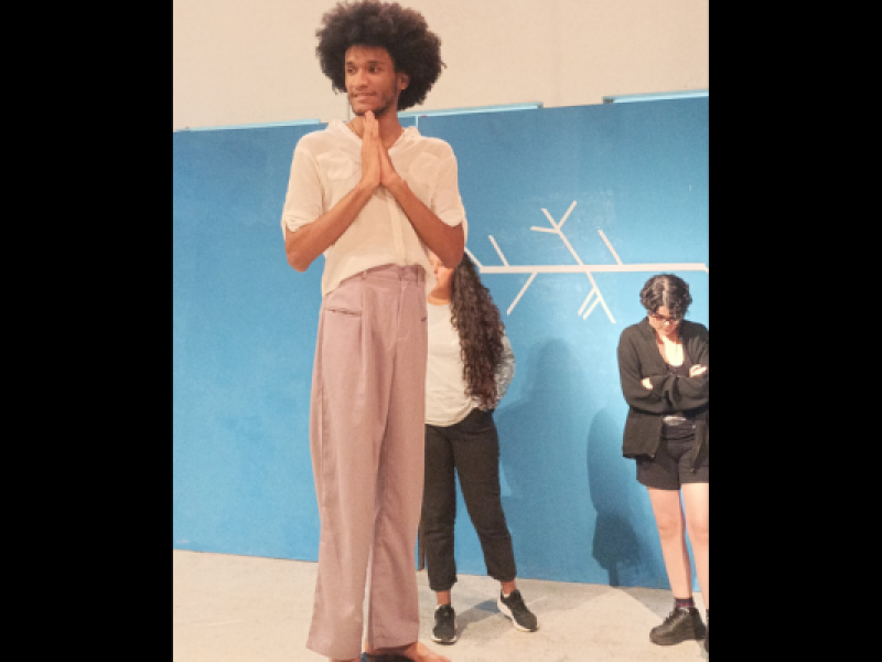 Em uma sala de ensaio, uma pessoa negra de cabelos crespos em estilo black power está em primeiro plano, de pé, com as mãos unidas à frente do peito e o olhar voltado para a esquerda. Veste camiseta branca e calça lilás. Ao fundo, diante de um painel azul com um diagrama de causa e efeito desenhado em branco, outras duas pessoas observam a atividade.