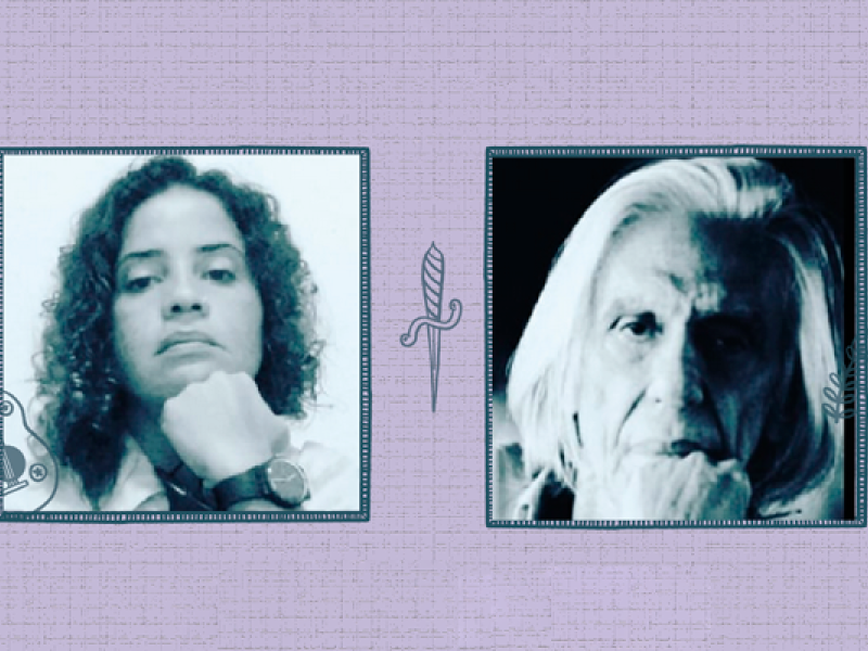Montagem com dois retratos lado a lado. À esquerda, a professora e facilitadora Nilane Soares posa com o queixo apoiado sobre a mão, reproduzindo a postura de Ferreira Gullar, retratado à direita em preto e branco, também com o queixo apoiado sobre a mão. Os retratos aparecem emoldurados sobre fundo lilás, separados pela ilustração de uma pequena adaga.