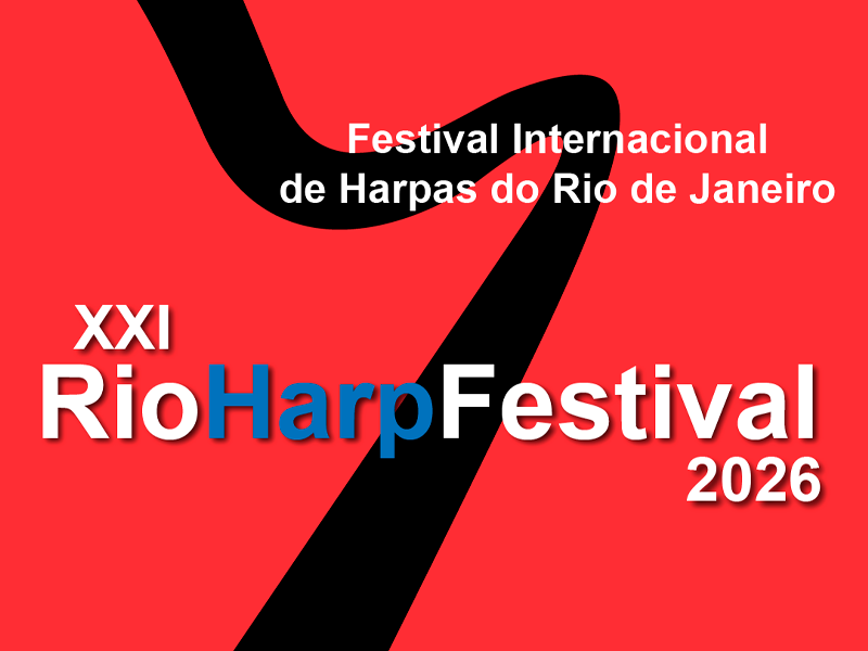 Arte de divulgação do XXI RioHarpFestival 2026 – Festival Internacional de Harpas do Rio de Janeiro. Sobre fundo vermelho, uma grande forma gráfica preta atravessa a composição. Em destaque, aparecem os textos “Festival Internacional de Harpas do Rio de Janeiro”, “XXI RioHarpFestival” e “2026”, com o nome do festival em letras brancas e azuis.