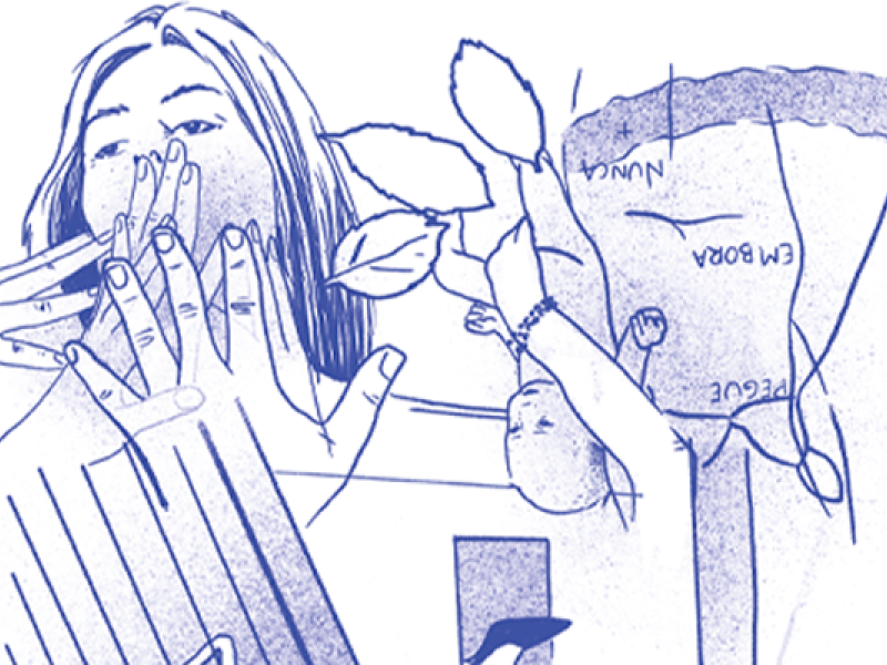 Parte de um pôster da exposição Biografemas, com ilustrações em traços azuis sobre fundo branco, incluindo uma mulher com as mãos diante do rosto e outras figuras e formas sobrepostas.
