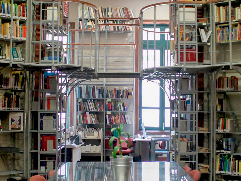 Interior da biblioteca do CCJF, com estantes de livros, estruturas metálicas e uma planta sobre a mesa ao centro.
