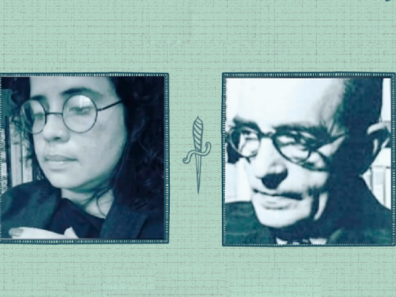 Composição gráfica com retratos da facilitadora Nilane Soares, à esquerda, e do escritor Graciliano Ramos, à direita. As imagens aparecem lado a lado, em tons azulados, sobre fundo verde-claro texturizado, separadas pela ilustração de uma pequena pena.