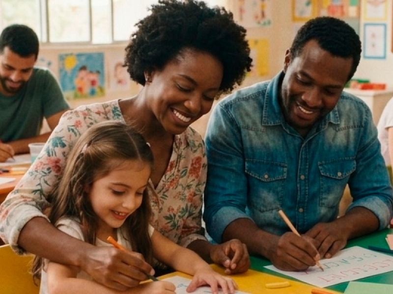 Em uma sala de aula, uma menina desenha sobre uma folha enquanto uma mulher e um homem, ao seu lado, também participam da atividade, sorrindo. Ao fundo, outras pessoas estão sentadas às mesas e desenhos coloridos decoram as paredes.