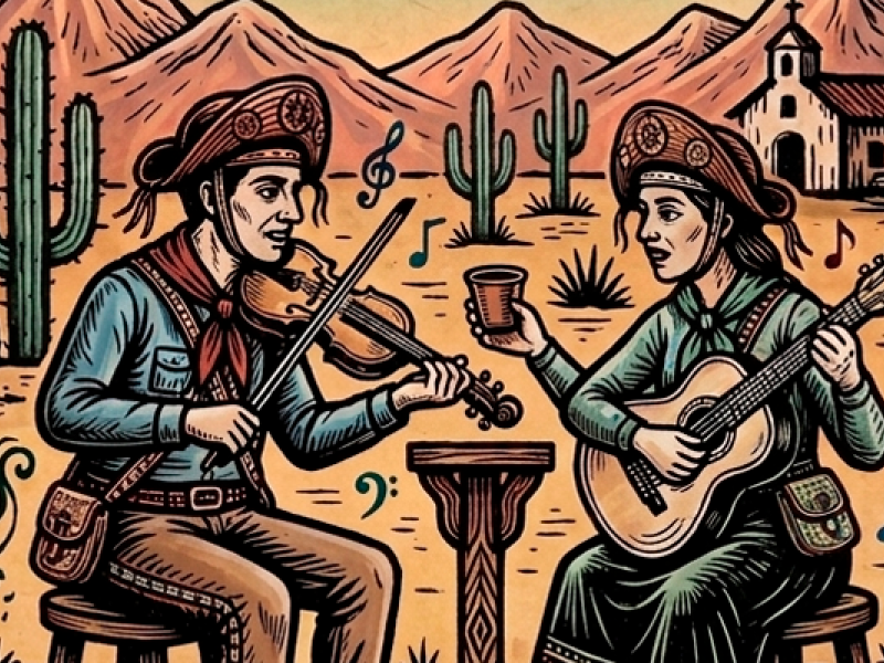 Ilustração de dois músicos em cenário sertanejo: um homem toca violino e uma mulher toca violão, entre cactos e montanhas, com uma igreja ao fundo.