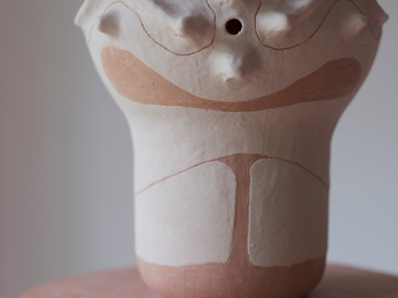Arte de divulgação da exposição Zumbido (arte sonora). Ao fundo, detalhe de um objeto escultórico em tons claros e rosados, com formas orgânicas, linhas sinuosas e um pequeno orifício circular, cuja aparência lembra uma colmeia.