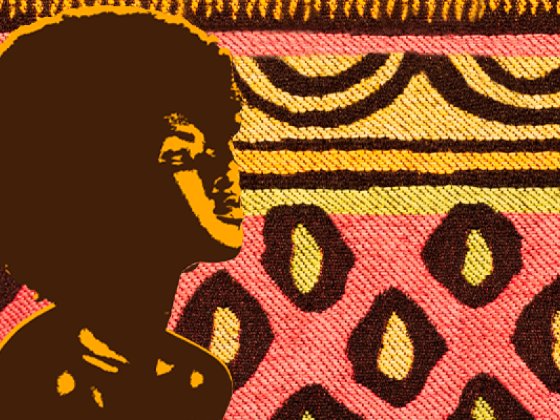 Arte de divulgação da roda de conversa Raízes e Direitos: Legislação, Cultura e Igualdade Racial. À esquerda, a silhueta estilizada de uma mulher negra com cabelo afro volumoso, em tons de marrom e amarelo. Ao fundo, uma estampa que remete a tecidos africanos, com padrões geométricos em marrom, amarelo e rosa.